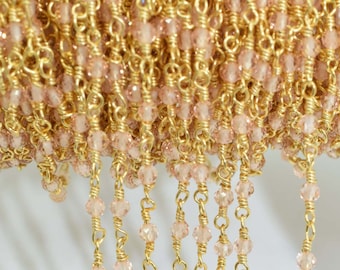 Pink Chalcedony 2mm Beaded Chain,Pink Chalcedony Rosary,Gold Plated Wire Wrap Chain,Brass chain,Jewelry Making Chain,Rosary, vermeil chain