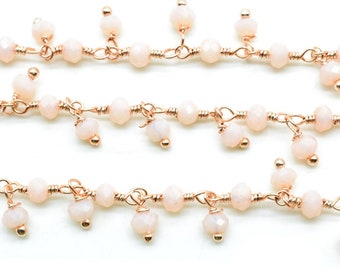 Pink Opal Cluster Beaded Chain,Rose Gold Plated wire wrapped Rosary Chain,Dangling Faceted beads,October birthstone,Pink Opal handmade chain