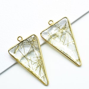 Golden Thread Magic | Gold Rutile Triangle Bezel Connector,Gemstone Long Triangle,Rutile Connector,Station Bezel Charm,Handmade Jewelry Link