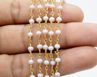 Pink Opal 3mm Beaded Chain,Opal Rosary Chains,Pink Opal Gold Plating Wire Wrap Chain,Pink Opal  Brass chain,Jewelry Making Rosary Chain ,