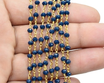 Blue Agate 3mm Beaded Chain,Blue Agate Rosary Chains,Blue Agate Gold Plating Wire Wrap Chain,Brass chain,Jewelry Making Chain,Rosary chain