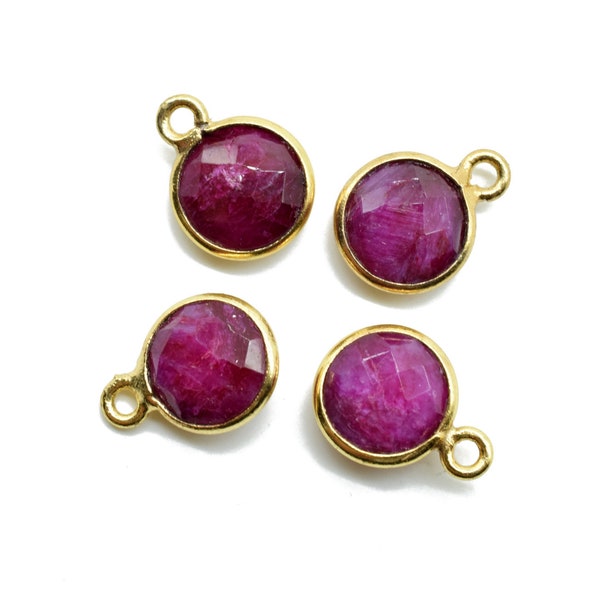 Natural Ruby 8mm charm,Ruby Pendant,Ruby Round Gold Plated bezel,Ruby Vermeil Bezel,Ruby jewelry making charm,July Birthstone connector,