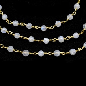 Moonstone 4mm Round Beaded Chain,Rainbow Moonstone Gold Rosary Chain,Gemstone Chains By the Foot for Rosary Necklace,Rosary Roll Bulk pirce