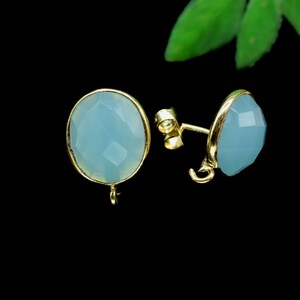 Aqua Chalcedony Earring Connector,DIY Jewelry,Gemstone Ear Post Studs Connector,Cushion Earrings Connector,Finding Earring Connector,Gift