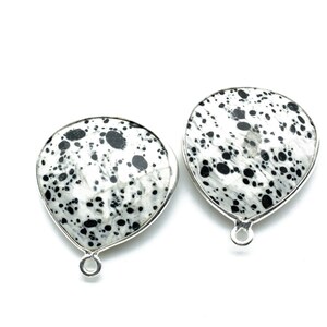 Peut inclure: Deux breloques pendantes argentées avec une pierre de jaspe dalmatien noir et blanc. Chaque breloque a une boucle pour l'attacher à un collier ou un bracelet.