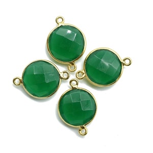 Green Onyx 14mm Round charm,Brass Gold Plated bezel,double Bail connector,Emerald Jewelry,May Birthstone Coin Links,Handmade Bezel Charms