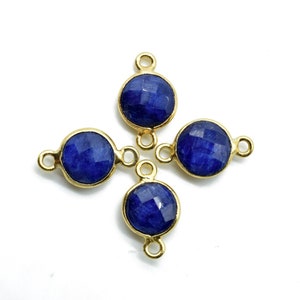 Blue Sapphire 8mm Round pendant,Double Bail Cconnector,Gold Plated bezel,jewelry making Connector,handmade Bezel Charm,September Birthstone