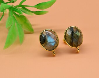 Labradorite 10x12mm oval Earring Connector,Gemstone Post Stud Connector,Earring Making Connector,Labradorite Jewelry,DIY Jewelry Findings