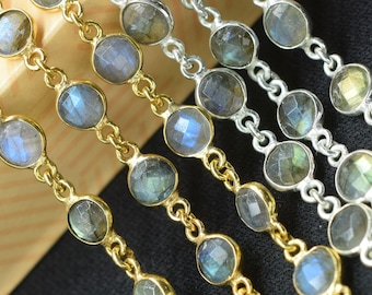 Labradorite 6mm Faceted Bezel Connector,Station Link Chain,Labradorite Round Beads Chain necklace,Finding Round Bezel Chain,handmade Jewelry