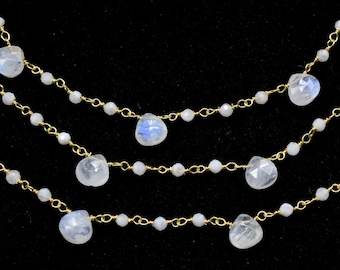 Moonstone 2mm Rosary Beaded Chain,Moonstone Heart Shape Rosary Chain,Sold By Foot,Moonstone briolette beaded chain,Moonstone Jewellery,Gift