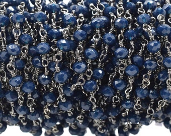 Cadena de cuentas de ágata azul de 3 mm, cadenas de rosario de ágata azul, cadena de alambre de rodio negro de ágata azul, cadena de latón, cadena para hacer joyas, cadena de rosario