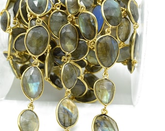 Blue Flashy Labradorite connector link Chain-Natural Labradorite Bezel Chain,Labradorite Oval Shape Connector Chain,Labradorite bezeld chain