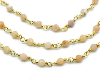 Pink opal 3mm Beaded Chain,beaded chain, rosary chain, jewelry making supplies,wire wrapped Rosary,Opal Beads, Priced Per Foot,Rosary Style