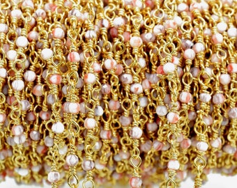 Pink Opal Rosary chain,Pink Opal beaded chain,Gemstone beaded chain,2mm beaded chain,Gold plated beaded chain,Opal rosary, beaded chain roll