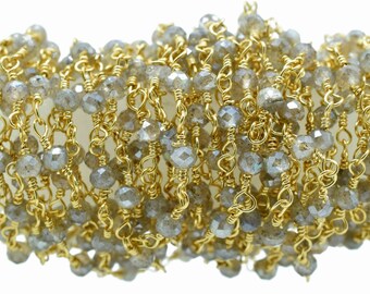 Coated Labradorite 3mm Beaded Chain,Blue Fire Labradorite Rosary Chains,Gold Plating Wire Wrap Chain,Brass chain,Jewelry Making Chain,Rosary