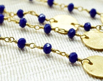 Blauer Saphir Perlen Kette 3 mm-3,5 mm Rosenkranz Kette, Gold Plated Wire Wrapped Kette, Charms Kette, Münze Charms, Saphir Charms, blau Farbe Kette