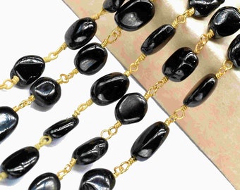 Black Onyx Oval Smooth Bead Chain,Gemstone Rosary Chain,Oval Shape Wire Wrapped Chain,Handmade Jewelry,Black Onyx Bead Rosary Chain Necklace