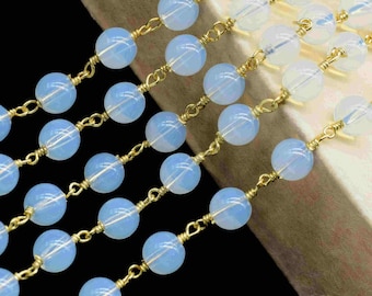 Vit opal 6 mm rund slät pärlkedja, ädelstensroskranskedja, handgjorda smycken, trådlindad rosenkranskedja, vita opalpärlor rosenkranskedja, present