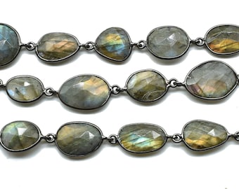 Blue Flashy Labradorite connector link Chain-Natural Labradorite Bezel Chain,Labradorite Oval Shape Connector Chain,Labradorite bezeld chain
