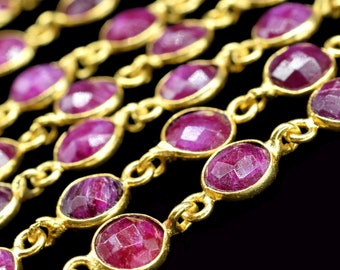 Natural Ruby Faceted Bezel Connector,Station Link Chain,Ruby Round Beads Chain necklace,Finding Round Bezel Chain,handmade Jewelry Chain,