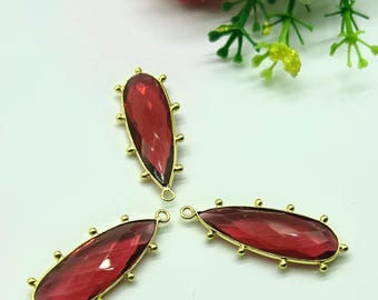 Bold Garnet Quartz 10x30mm Faceted Long Teardrop Connectors/Gemstone Component charms/Garnet Fancy Bezel charms/Handmade Bezel Jewelry Gift