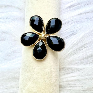 Black Onyx Teardrop Rings,Gemstone Flower Ring,Black Onyx Adjustable Ring Charms,Black Onyx Ring Jewelry,Handmade Gold Ring,Anniversary Ring