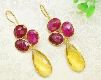 Natural Ruby Dangle Earrings,Citrine Drop Earring,Gemstone Bezel Earring,Multi Stone Dangle Earring,Statement Earring,Handmade Jewelry Gift
