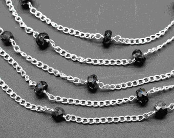 Black Onyx Faceted Beaded Chain,Black Onyx wire wrapped Beads Rosary,Black Onyx Chain,Rosary Style Chain,Chain By Foot,Black Gemstone Rosary