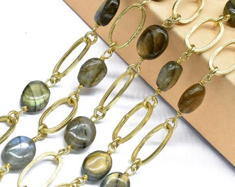 Labradorite Gemstone Bezel Finding Chain,Nuggets Brass Gold Plated Wire Wrap Chain,Labradorite Bezel Connector Chain,Jewelry making Supplies