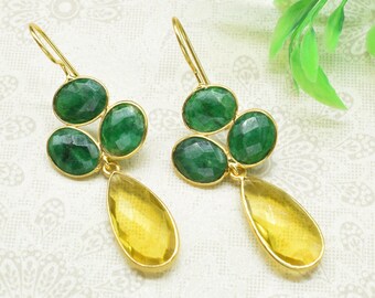 Natural Emerald Dangle Earrings,Citrine Drop Earrings,Gemstone Bezel Earring,Multi Stone Dangle Earring,Statement Earring,Handmade Jewelry