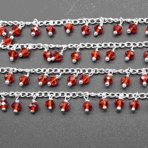 May include: A silver chain with multiple rows of dangling red crystal beads.