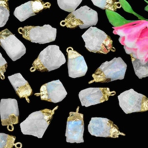 Rainbow Moonstone Rough Electroplated Birthstone Charm,Gemstone Pendant Jewelry,Raw Stone Pendant,Freeform Pendant,Rainbow Moonstone Jewelry