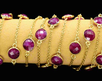 Natural Ruby Bezel Chain Connector,Gemstone Bracelet Chain,Round Shape Bezel Rosary Chain,Jewelry Connector For Necklace,Finding Jewelry,