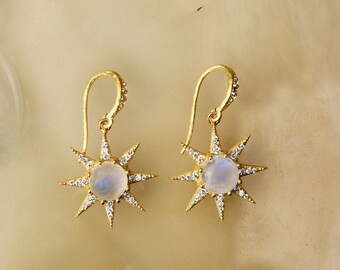 Rainbow Moonstone Earrings, Gold Vermeil Moonstone Earrings, Blue Flash Earrings,June Birthstone, Round Blue Moonstone Earring