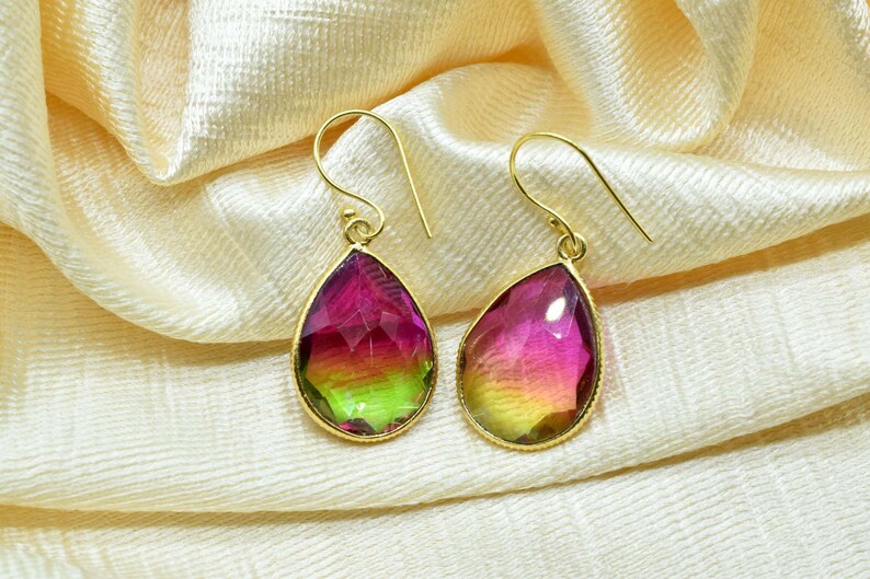 Bi-Color Tourmaline,Gemstone Earring,Watermelon Earring,Dual Color Earring,dangle Drop Earring,Cluster Earring,Bridsmaids Earring,Boho,Gift