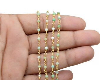 Corrente de contas de crisópraso de 3 mm, corrente de rosário com contas de crisópraso, corrente de ouro com fio de pedra preciosa, corrente de rosário feita à mão, joia de rosário com contas para presente