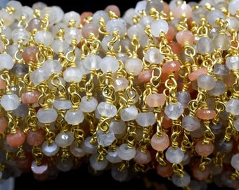 Multi Moonstone 3mm Beaded Chain,Multi Moonstone Wire Wrapped Chain,Moonstone Brass chain,Jewelry Making Chain,Moonstone Beads rosary chain