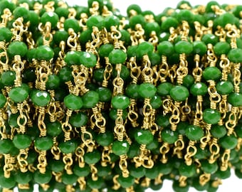 Green Agate 3mm Beaded Chain,Green Agate Faceted Beads Wire Wrapped Chain,Brass chains,Jewelry Making Chain,Green Agate Beads rosary Chain