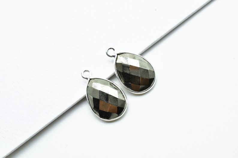 Natural Pyrite 10x14mm Pear single bail connectors,Pyrite connectors,Pyrite jewelry making charms,Pyrite single bail Silver Plated bezel,