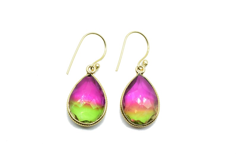 Bi-Color Tourmaline,Gemstone Earring,Watermelon Earring,Dual Color Earring,dangle Drop Earring,Cluster Earring,Bridsmaids Earring,Boho,Gift