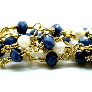 Blue chalcedony Beaded Chain,pearl Rosary Chains,Blue Agate Gold Plating Wire Wrap Chain,Brass chain,Jewelry Making Chain,Rosary chain,roll