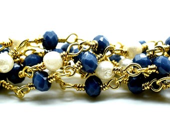 Blaue Chalcedon Perlen Kette, Perlen Rosenkranz Ketten, Blau Achat Vergoldung Wire Wrap Kette, Messingkette, Schmuckherstellung Kette, Rosenkranzkette, Rolle
