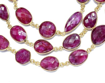 Natural Ruby Faceted Connectors,Gold Bezel Chain,Free Size Gemstone Connector,Handmade Station Bezel Link Chain,Ruby Bezel Jewelry,Gift for