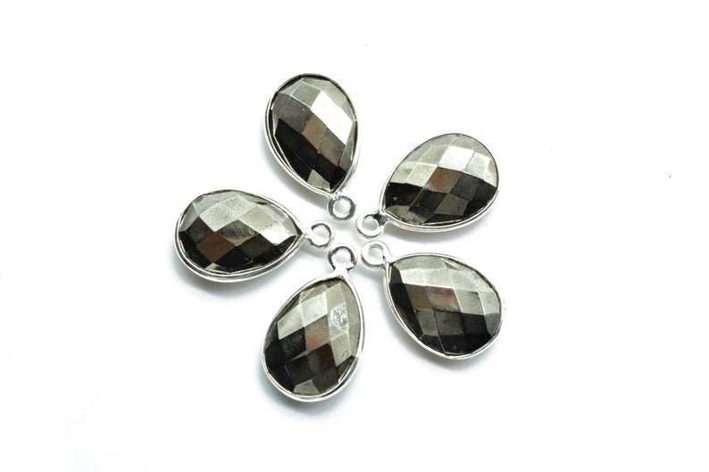 Natural Pyrite 10x14mm Pear single bail connectors,Pyrite connectors,Pyrite jewelry making charms,Pyrite single bail Silver Plated bezel,