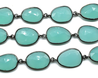 Soothing Aqua Sparkle/Aqua Chalcedony Bezel Connector Chain/Gemstone Faceted Connector Chain/Handmade Layered Designs Chain/Bezel Link Chain