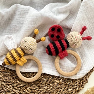 Gift newborn, Baby toys Amigurumi pattern, Crochet teether Bee and Ladybug, baby rattle , baby toys, new baby gift, montessori toys 6 month image 2