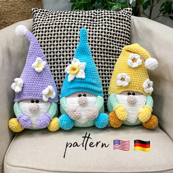 Spring Gnome pattern set of 3, PDF crochet pattern, plush Gnomes, DIY Gnomes, plush pattern, crochet plushie, plush toys, amigurumi pattern