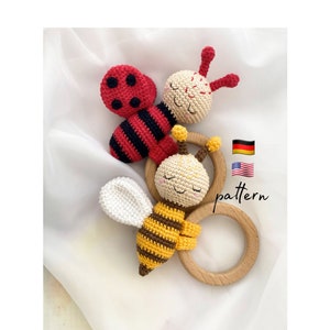 Gift newborn, Baby toys Amigurumi pattern, Crochet teether Bee and Ladybug, baby rattle , baby toys, new baby gift, montessori toys 6 month image 1