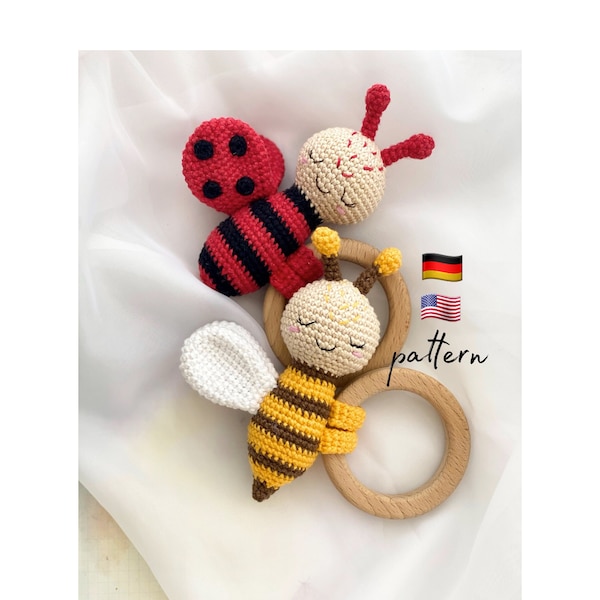 Gift newborn, Baby toys Amigurumi pattern, Crochet teether Bee and Ladybug, baby rattle , baby toys, new baby gift, montessori toys 6 month