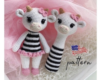 Crochet Cow Pattern Set: Rattle Toy & Stuffed Doll (PDF Pattern)